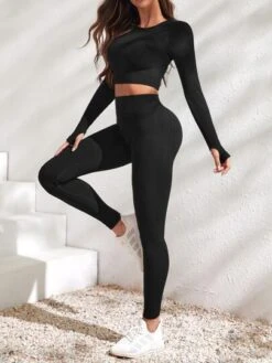 Yoga Basic 2pcs Yoga Set Athletic Suit Raglan Sleeve Crop Tee & Hip-hugging Leggings