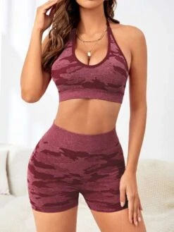 Yoga Sxy Camo Jacquard Crop Halter Top & Biker Shorts