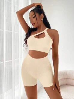 Yoga Sxy Cut Out One Shoulder Ribbed Knit Sports Set -Gym Chic Wear 1684116702843e1fef7d0f7d646a26e8b6f25ef527 thumbnail 405x552