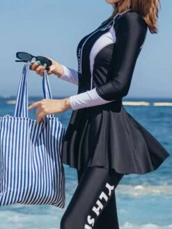 2023 New Swimsuit Surfing Suit 3Pcs Set Letter Graphic Zip Up Peplum Top & Pants & Leggings