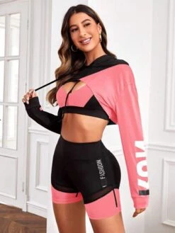 SHEIN Colorblock Letter Graphic Drawstring Hooded Crop Sports Sweatshirt -Gym Chic Wear 1688436445b99b955c530a41194c841d8ff3e244eb thumbnail 405x552