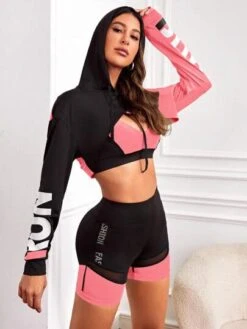 SHEIN Colorblock Letter Graphic Drawstring Hooded Crop Sports Sweatshirt -Gym Chic Wear 168843644800f4c61564646e64baa78af212beb8c8 thumbnail 405x552