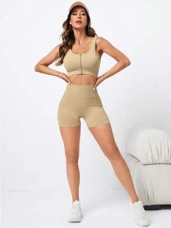 Solid Zip Up Sports Set -Gym Chic Wear 168847816242103c28277bd4be50553bfb06f401a7 thumbnail 405x552