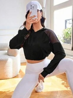 Contrast Mesh Raglan Sleeve Crop Hooded Sports Jacket -Gym Chic Wear 1688526370e21031a7bdea8d46f35c8810d4b1dc2c thumbnail 405x552