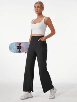 Women's High Waisted Wide Leg Sports Pants With Pockets -Gym Chic Wear 1688538298a0b7998a0d136ab6d34efc0e09af2603 thumbnail 405x552