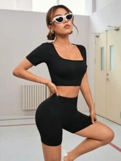 Solid Sports Tee & Biker Shorts -Gym Chic Wear 1688627835ff4fa5af42bece5a2d7cf751a47f2c83 thumbnail 405x552