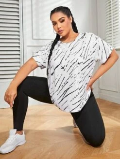 Plus Allover Print Drop Shoulder Sports Tee -Gym Chic Wear 16886299641073d775ec988296753b036002273141 thumbnail 405x552