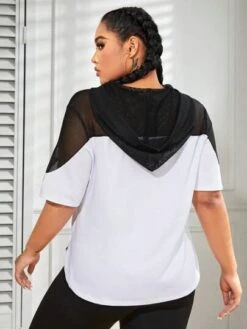Plus Letter Graphic Contrast Mesh Hooded Sports Tee