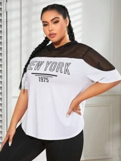 Plus Letter Graphic Contrast Mesh Hooded Sports Tee -Gym Chic Wear 168863002996909b41c95fed343685249f83c91dd3 thumbnail 405x552