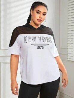 Plus Letter Graphic Contrast Mesh Hooded Sports Tee -Gym Chic Wear 1688630034080909b032606b3ed775ad28977f4869 thumbnail 405x552