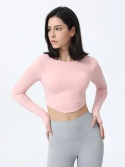 Thumb Hole Back Tie Waist Slim Fit Crop Yoga Top With Long Sleeves -Gym Chic Wear 16886317821c9c53d4c91dc94c83d5843208a27308 thumbnail 405x552