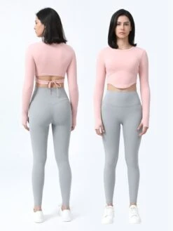 Thumb Hole Back Tie Waist Slim Fit Crop Yoga Top With Long Sleeves -Gym Chic Wear 1688631782addf6c5cc906fe7b173aa84506332551 thumbnail 405x552