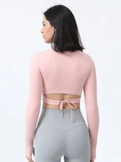 Thumb Hole Back Tie Waist Slim Fit Crop Yoga Top With Long Sleeves