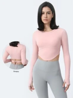 Thumb Hole Back Tie Waist Slim Fit Crop Yoga Top With Long Sleeves -Gym Chic Wear 1688631783fbf135c4ed4f242879dbce46f838e1f6 thumbnail 405x552