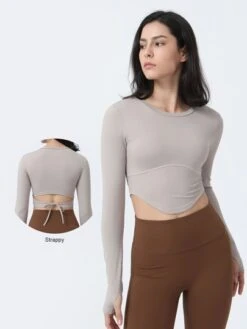 Thumb Holes Waist Tie Slim Fit Crop Top Workout Yoga Long Sleeve T-shirt -Gym Chic Wear 1688631826caaaa964c04df01cf234e89ac5556d23 thumbnail 405x552
