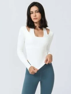 Fake 2pcs Hanging Neck Running Yoga Top Long Sleeve T-shirt