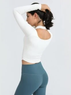 Fake 2pcs Hanging Neck Running Yoga Top Long Sleeve T-shirt -Gym Chic Wear 16886326820d99a958939f2694d2f746867e849656 thumbnail 405x552