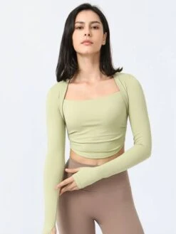 Fake 2 Piece Ruched Running Fitness Yoga Sports Long Sleeve T-shirt -Gym Chic Wear 16886331789987962acc766412050b311a7917077b thumbnail 405x552