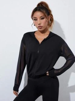 Letter Graphic Contrast Fishnet Hooded Sports Jacket