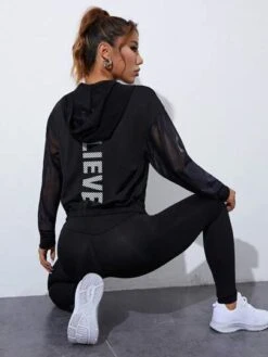Letter Graphic Contrast Fishnet Hooded Sports Jacket -Gym Chic Wear 16886368268ae019d3f547878df8d4708bfff71d88 thumbnail 405x552
