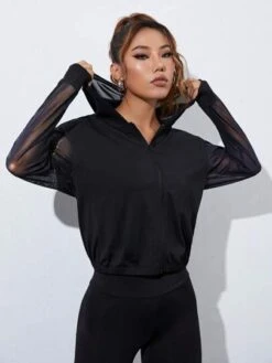 Letter Graphic Contrast Fishnet Hooded Sports Jacket -Gym Chic Wear 1688636830e2270bab13ff4f9068c97f2eda5f8cfb thumbnail 405x552