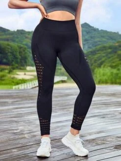 SHEIN Leisure Plus Hollow Out Wideband Waist Sports Leggings