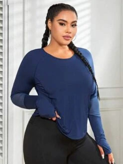 Plus Solid Raglan Sleeve Sports Tee With Thumb Holes