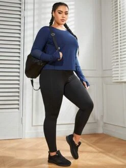 Plus Solid Raglan Sleeve Sports Tee With Thumb Holes -Gym Chic Wear 168870779473349dde9257296f1350dbe471cc5e92 thumbnail 405x552