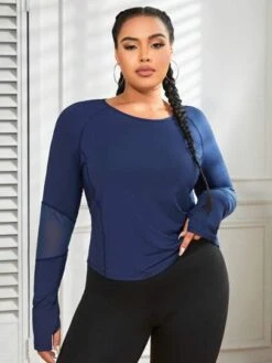 Plus Solid Raglan Sleeve Sports Tee With Thumb Holes -Gym Chic Wear 1688707796054a7d419431f613276979729d97e9a8 thumbnail 405x552