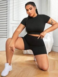 Plus Solid Raglan Sleeve Sports Set -Gym Chic Wear 16887102283fc4eb969e49d51ca702360675bf446b thumbnail 405x552