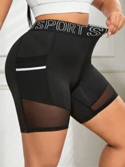 Plus Letter Graphic Mesh Insert Sports Shorts With Phone Pocket -Gym Chic Wear 16887185251e05bd776bd68acd60f26543fc7ad3ba thumbnail 405x552