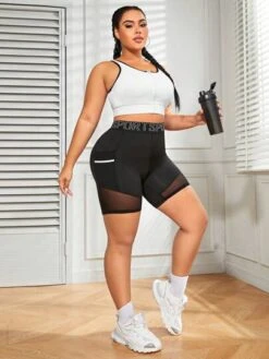 Plus Letter Graphic Mesh Insert Sports Shorts With Phone Pocket -Gym Chic Wear 16887185279ce8db3dbfb3fbf19549e60cb369d7a6 thumbnail 405x552
