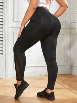 Plus Contrast Mesh Sports Leggings With Phone Pocket