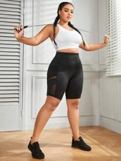 Plus Contrast Mesh Biker Shorts With Phone Pocket -Gym Chic Wear 1688719639bcb1973b2107169211c910dcd505f7c2 thumbnail 405x552