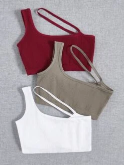 3pcs Ribbed Knit Asymmetrical Neck Sports Bra