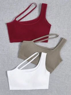 3pcs Ribbed Knit Asymmetrical Neck Sports Bra -Gym Chic Wear 168895751019174f0c8644e6f6c1c1efd32c678a4b thumbnail 405x552