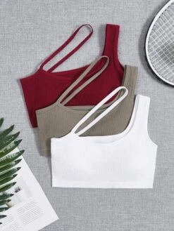 3pcs Ribbed Knit Asymmetrical Neck Sports Bra -Gym Chic Wear 16889575167eeb6a4a320bee194f2355b37f7e2c9f thumbnail 405x552