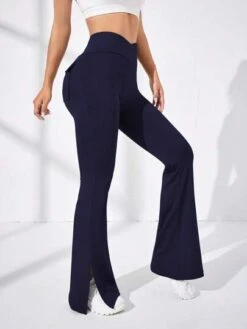 Wide Waistband Flap Pocket Split Hem Flare Leg Sports Pants -Gym Chic Wear 16889704914cd60d9231c08dcf2a326c957a8ee11f thumbnail 405x552