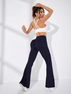 Wide Waistband Flap Pocket Split Hem Flare Leg Sports Pants -Gym Chic Wear 1688970496e581646620d219f3590e186acfeaf770 thumbnail 405x552