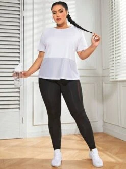 Plus Solid Sports Tee & Mesh Insert Sports Leggings Sports Set -Gym Chic Wear 16889760332f293a982317ea8dafe7db89b1784cee thumbnail 405x552