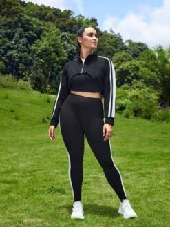 SHEIN Leisure Plus Striped Side Raglan Sleeve Zip Up Crop Sports Jacket -Gym Chic Wear 1688976217ca6af440e0855fed1449acb172981072 thumbnail 405x552