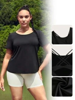 SHEIN Leisure Plus Criss Cross Back Sports Tee -Gym Chic Wear 1689076755127a5c2c284b9a70929c29026f18b4e4 thumbnail 405x552