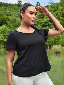 SHEIN Leisure Plus Criss Cross Back Sports Tee -Gym Chic Wear 16890767589635237746708cb7d39cd31335ea9dbe thumbnail 405x552