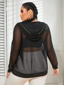 Plus Drawstring Hooded Sheer Mesh Sports Jacket