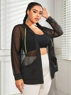 Plus Drawstring Hooded Sheer Mesh Sports Jacket -Gym Chic Wear 1689139409147c98cfc63c0131edada3317a8e7956 thumbnail 405x552