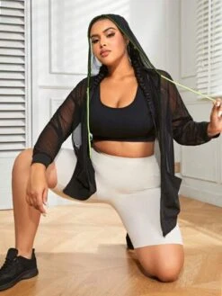 Plus Drawstring Hooded Sheer Mesh Sports Jacket -Gym Chic Wear 16891394123a5e01b6594dd4882936b45a071e6cb1 thumbnail 405x552