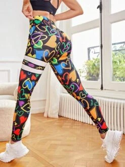 Heart Print Wideband Waist Sports Leggings