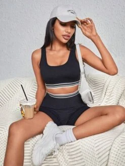 Striped Trim Sports Set -Gym Chic Wear 168914933501a54e7bad2a5445c36e18a4fec07ab8 thumbnail 405x552