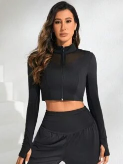 Contrast Mesh Thumbholes Zip Up Crop Sports Jacket -Gym Chic Wear 168921148770fb6a72fd27eb46bdfb5329508f9610 thumbnail 405x552