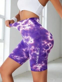 Tie Dye Letter Graphic Wideband Waist Sports Biker Shorts